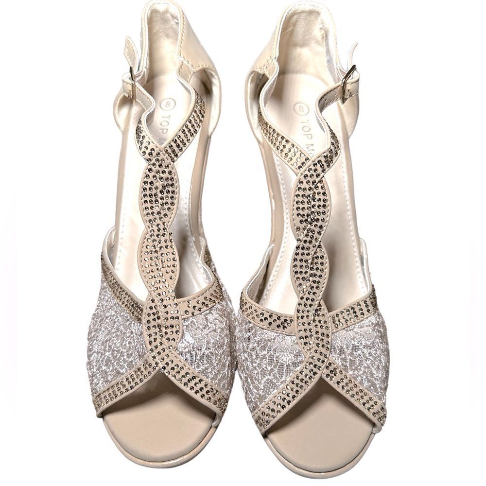 Top Moda size 8 NWOB wedge rhinestone beige/gold strappy lace sandal. 3.5 heel